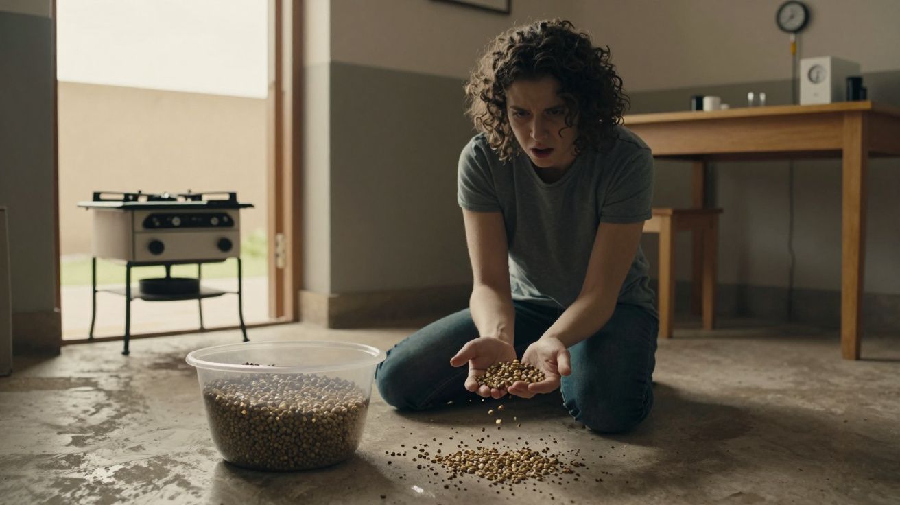Mulher no chão de uma cozinha, olhando para grãos derramados que segura nas mãos, com um recipiente ao lado.