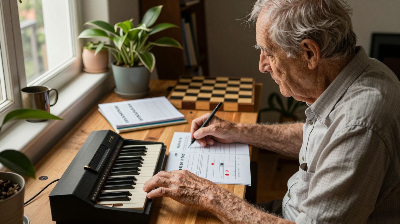 Homem idoso escreve música ao piano numa mesa com plantas e tabuleiro de xadrez.