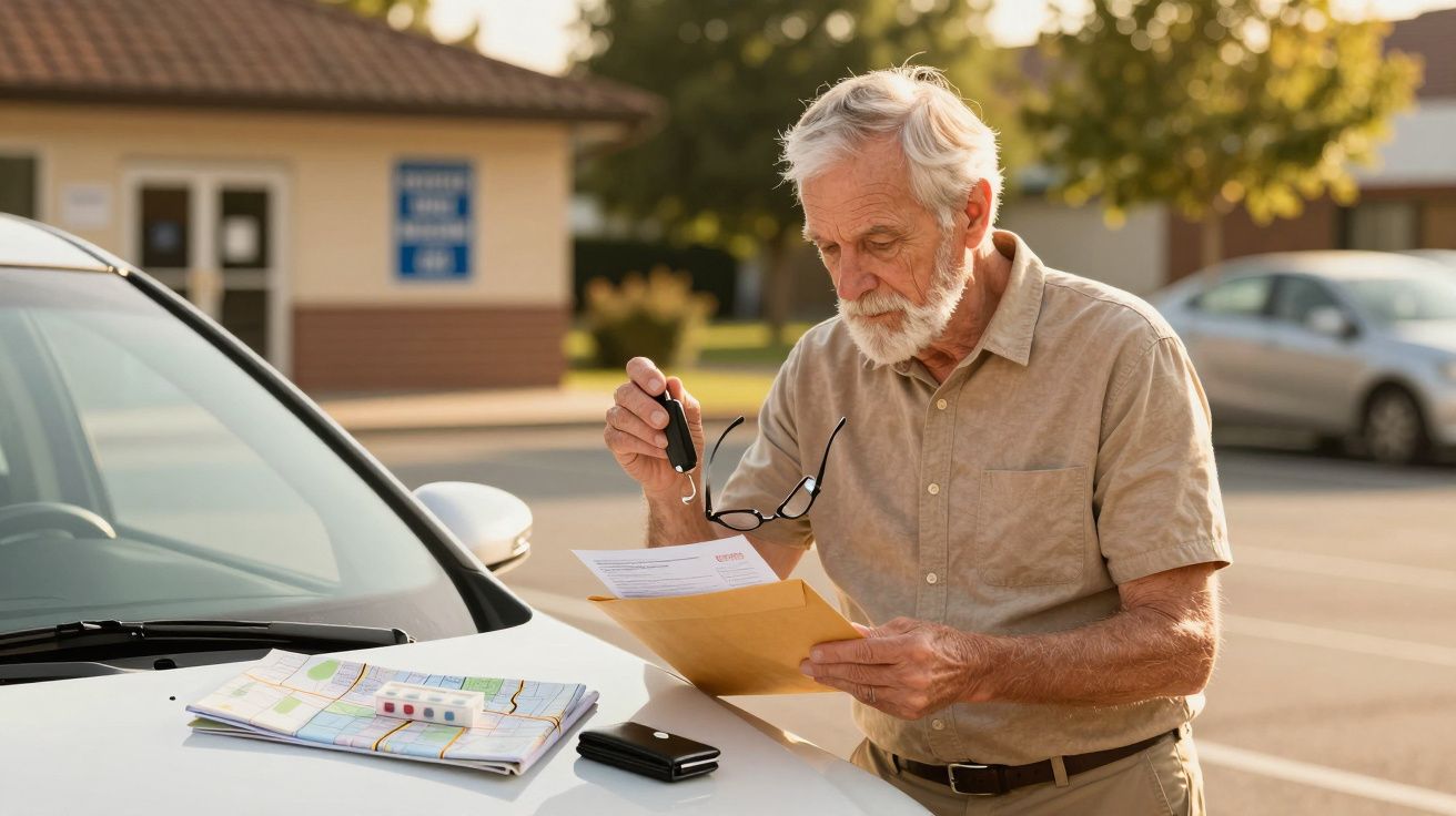 Idoso junto a um carro, segura papéis e óculos. Mapas e um telemóvel sobre o capô.
