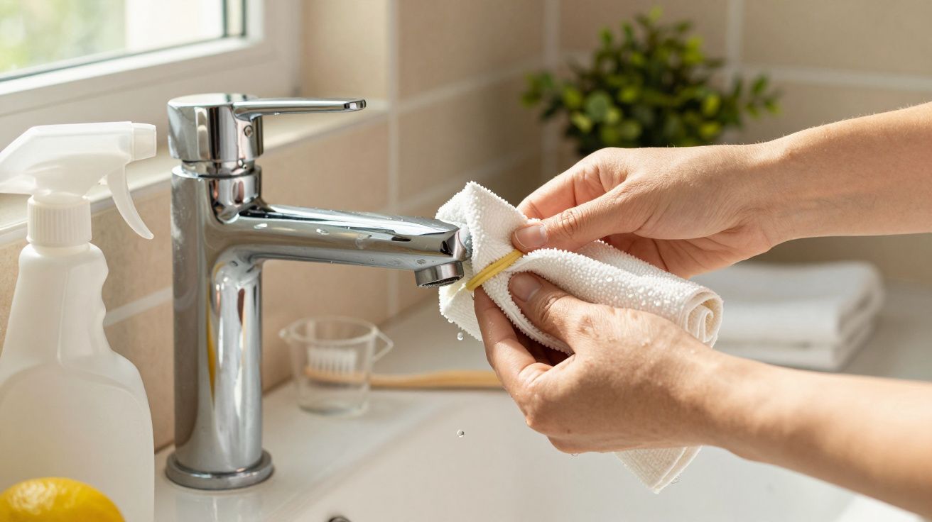 Mãos limpam uma torneira de metal com um pano branco ao lado de produtos de limpeza na bancada da cozinha.