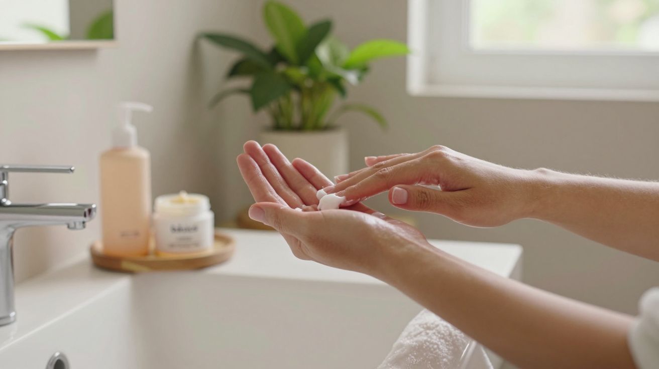 Mãos aplicando creme na casa de banho, com sabonete e planta ao fundo.