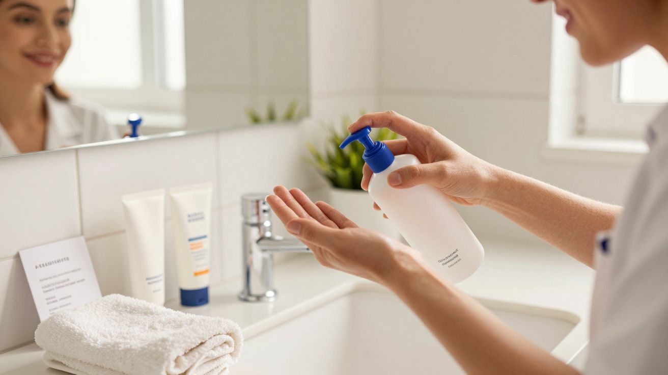 Pessoa a aplicar loção nas mãos numa casa de banho, com toalha e produtos de cuidados na bancada.