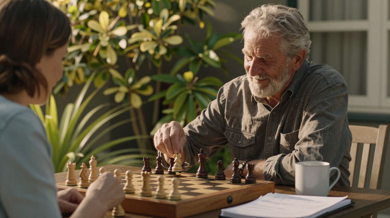 Duas pessoas a jogar xadrez num jardim, com chávenas de café e plantas ao fundo.