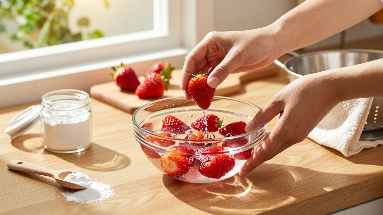 Mãos lavam morangos numa tigela de vidro, com outros utensílios e um frasco de vidro sobre a mesa de madeira.