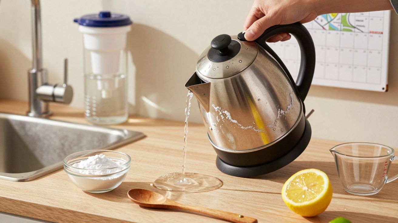 Mão segura chaleira elétrica a verter água numa cozinha, com limão e colher próximos da pia.