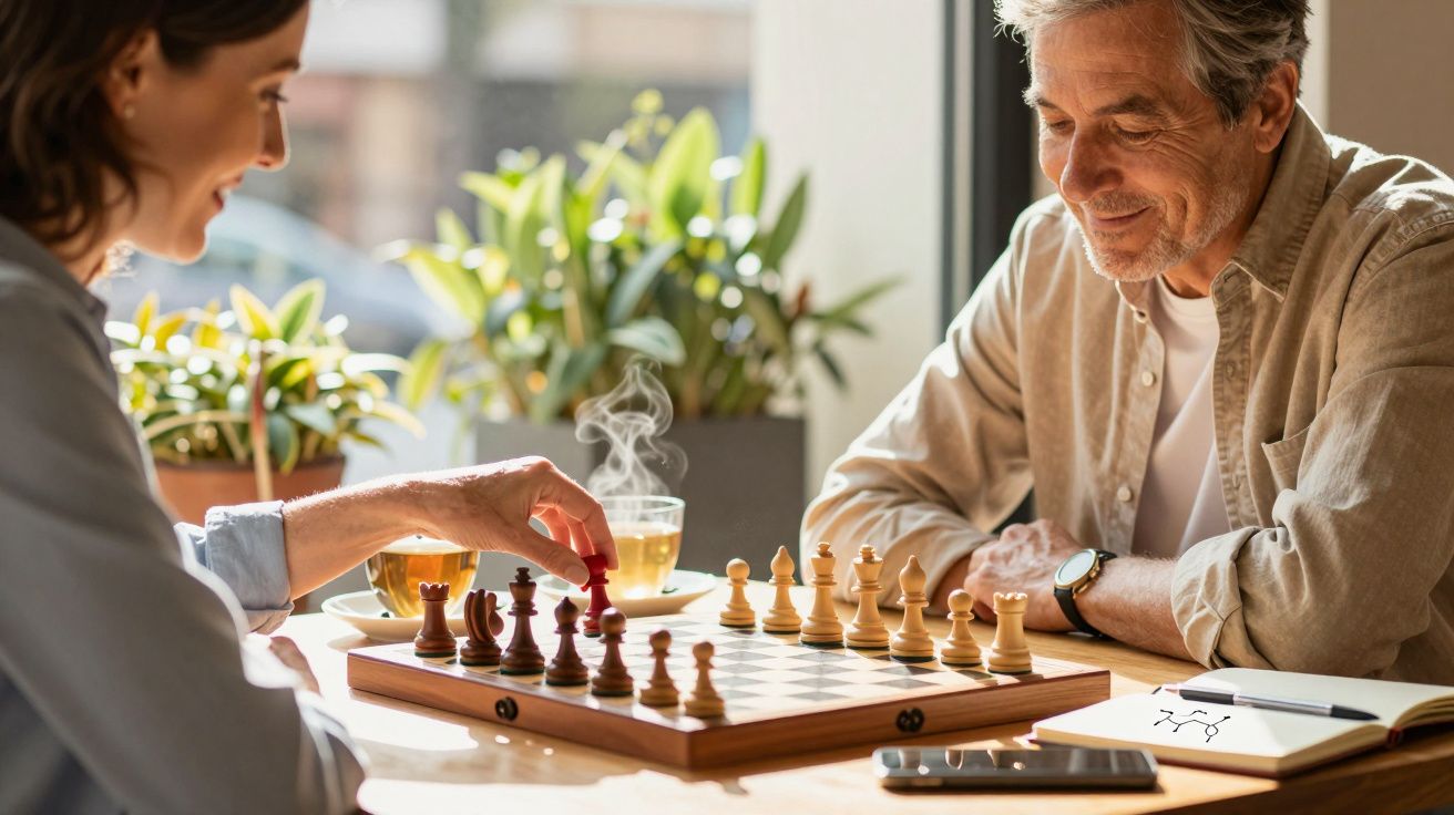 Duas pessoas a jogar xadrez numa mesa, com chá e plantas ao fundo, luz suave ao entardecer.