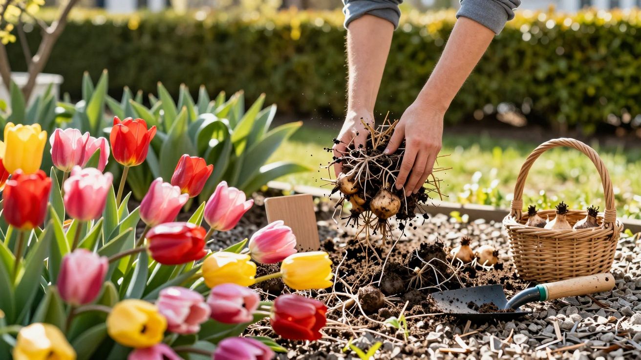 Pessoa a cuidar de canteiro com túlipas coloridas, segurando sementes; cesta e pá ao lado.