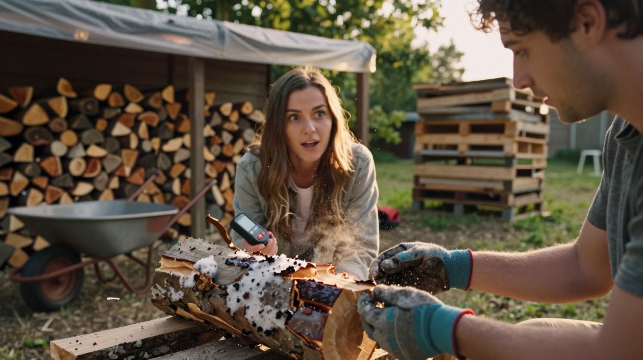 Pessoa a cortar madeira com serradura queimada, outra pessoa observa. Fundo: lenha empilhada e carrinho de mão.