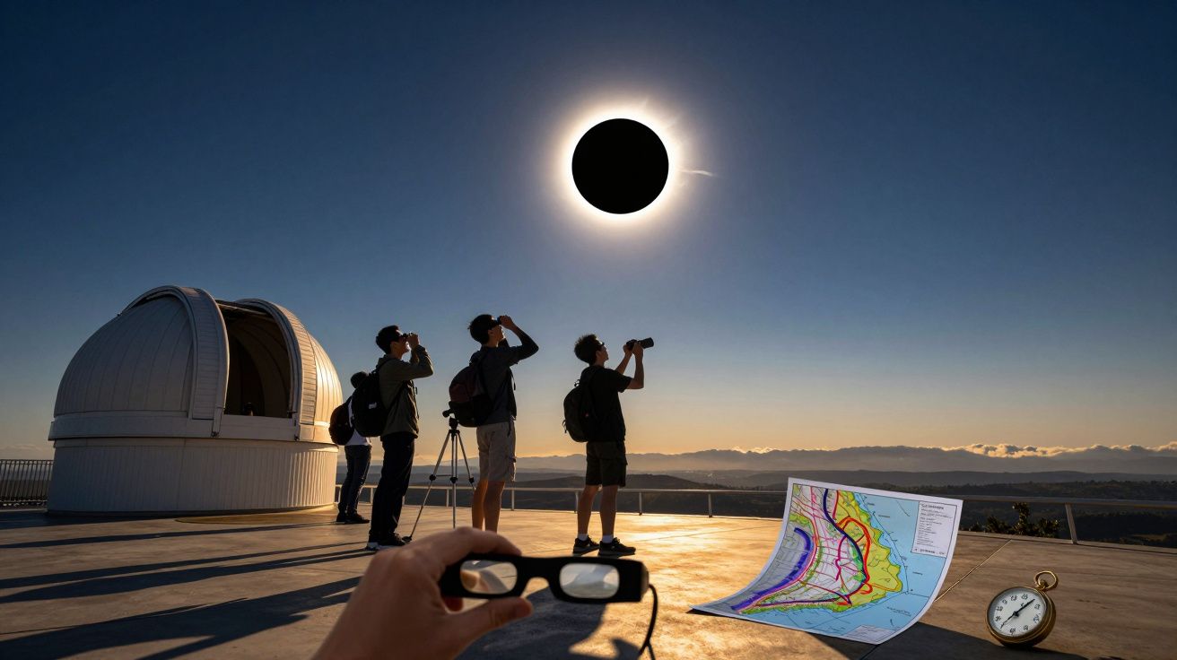 Pessoas observam um eclipse solar com óculos especiais perto de um observatório; mapa e relógio no chão.