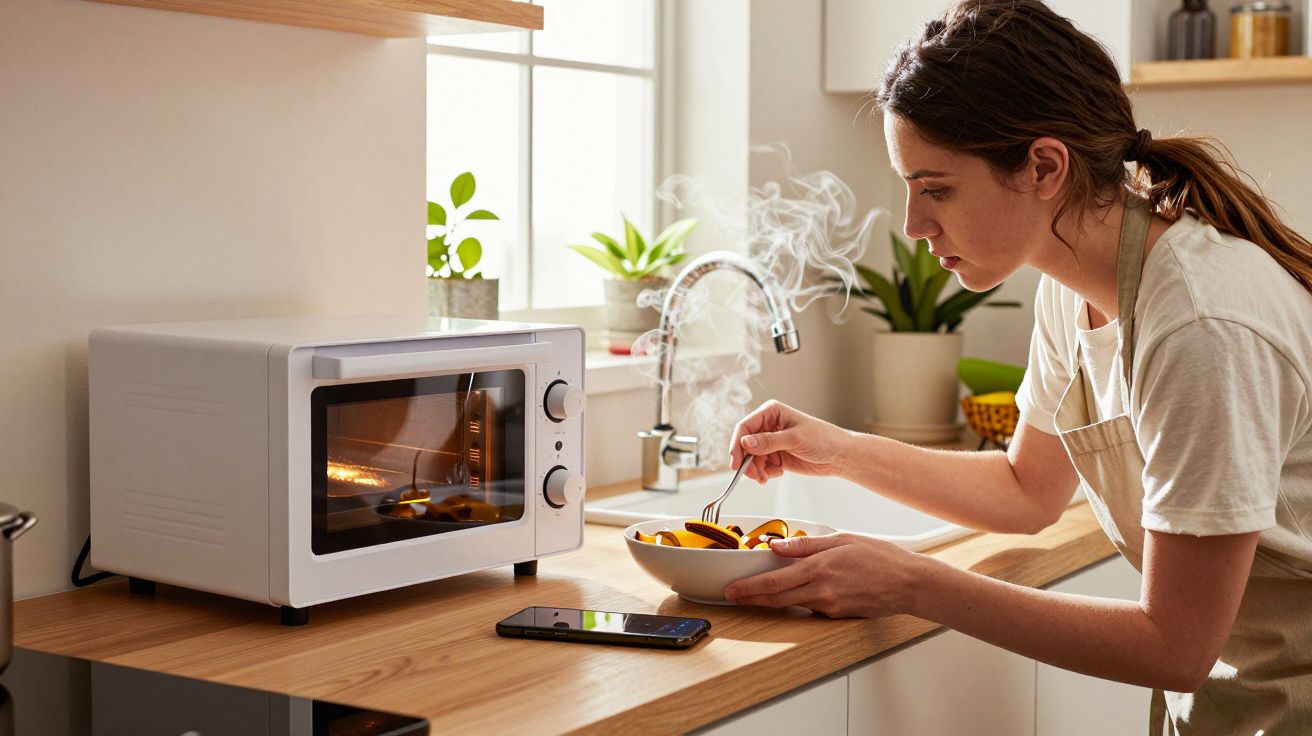 Mulher cozinha num forno elétrico numa cozinha iluminada por luz natural, segurando uma tigela de fruta fumegante.