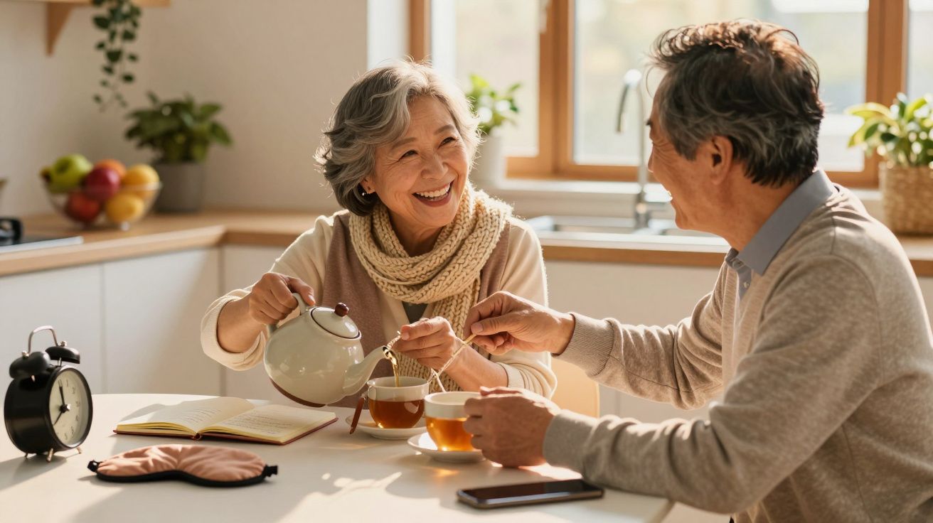 Casal idoso a tomar chá e a conversar numa cozinha iluminada pelo sol, rodeados por um ambiente acolhedor.