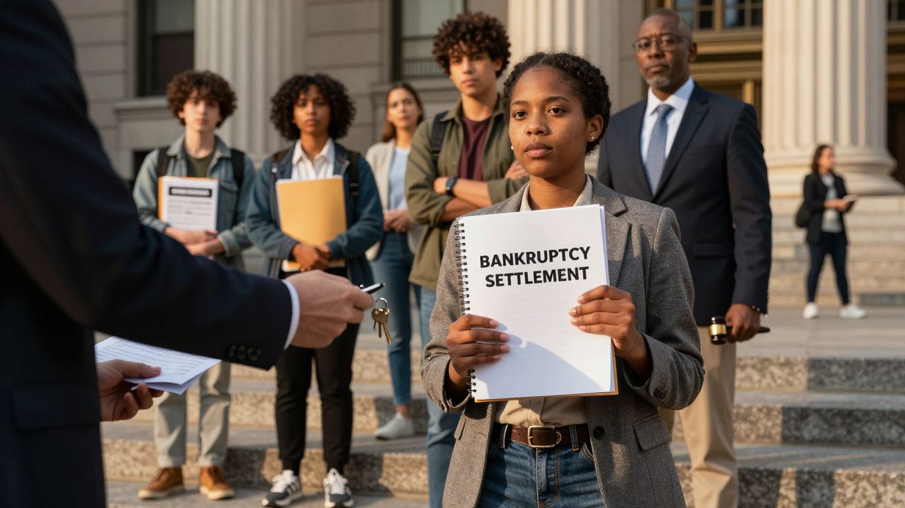 Grupo de pessoas, incluindo uma mulher, segurando um documento intitulado "Bankruptcy Settlement" em frente a um edifício.