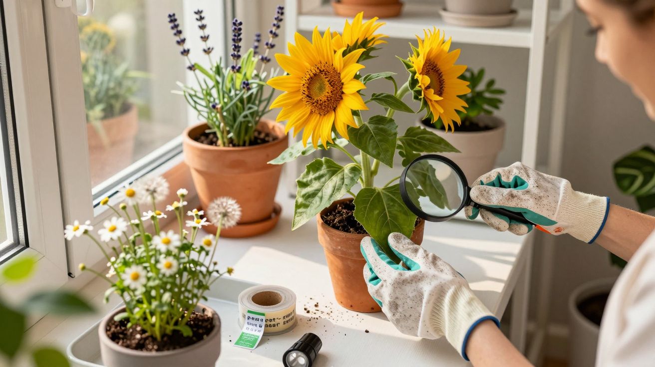 Pessoa examina girassol em vaso com uma lupa, rodeada de outras plantas num parapeito iluminado pelo sol.