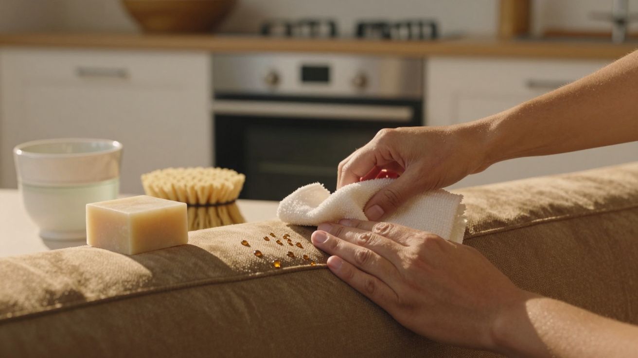 Mãos limpando nódoas de uma superfície de tecido com um pano branco, ao fundo uma cozinha desfocada.