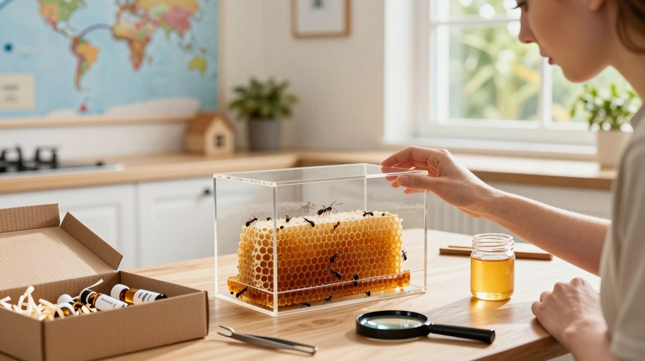 Mulher observa colmeia com abelhas numa caixa de vidro em cima da mesa; ao lado, lupa e frasco de mel.