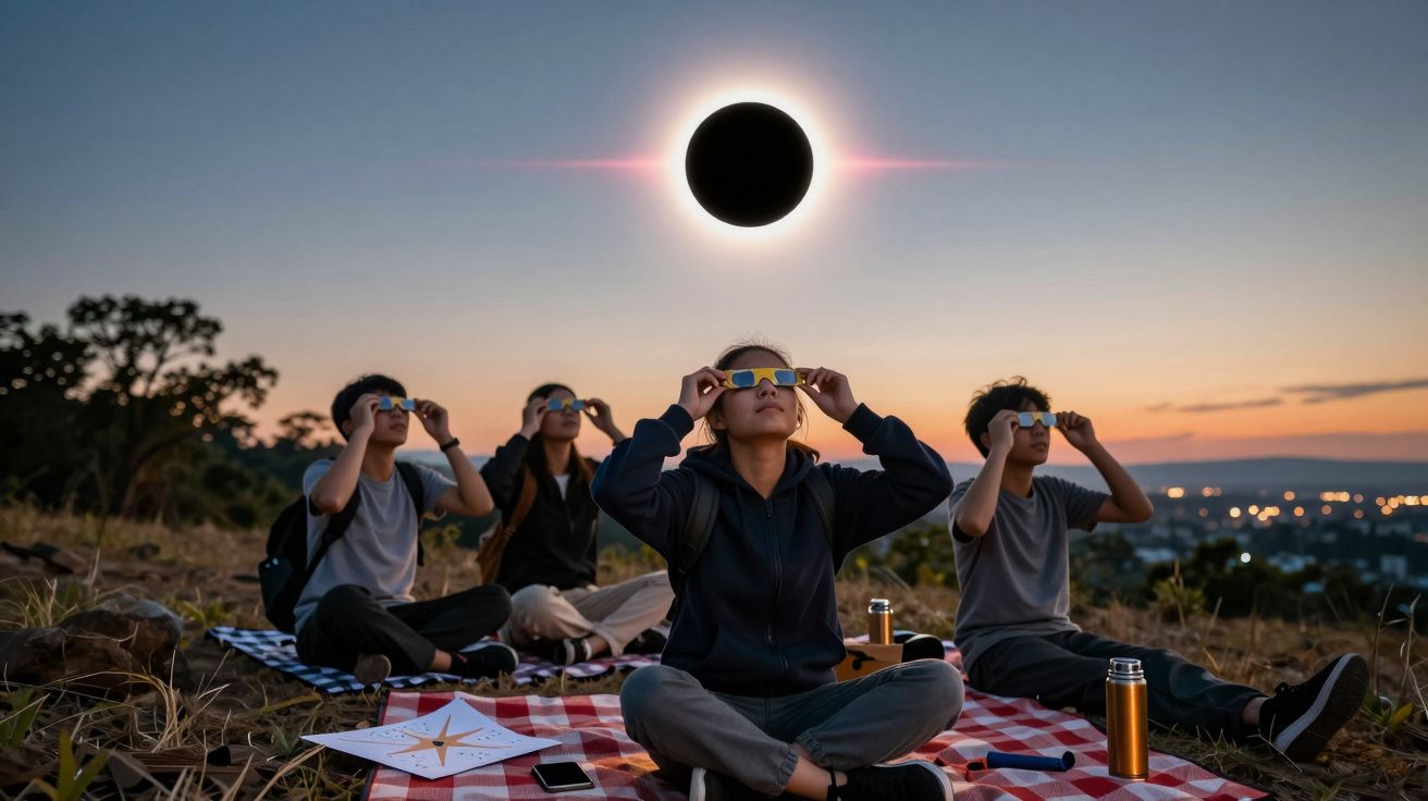 Grupo de pessoas assiste a um eclipse solar com óculos de proteção num campo ao entardecer.