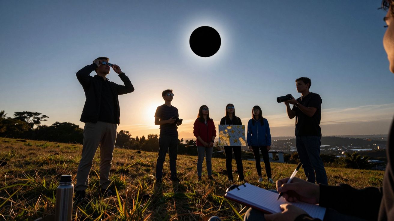 Pessoas observam eclipse solar num campo, usando óculos de proteção, ao amanhecer.