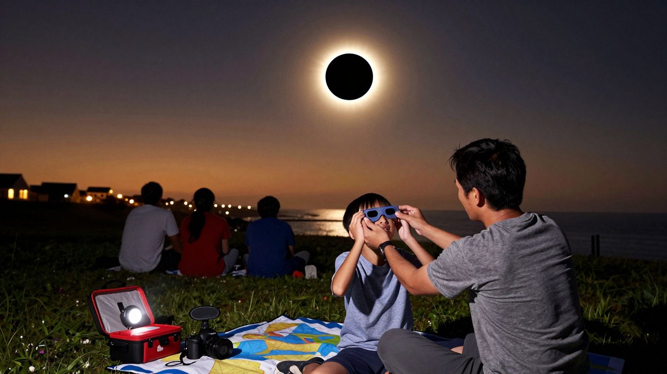 Família observa um eclipse solar ao entardecer num campo; adulto ajusta óculos de proteção na criança.