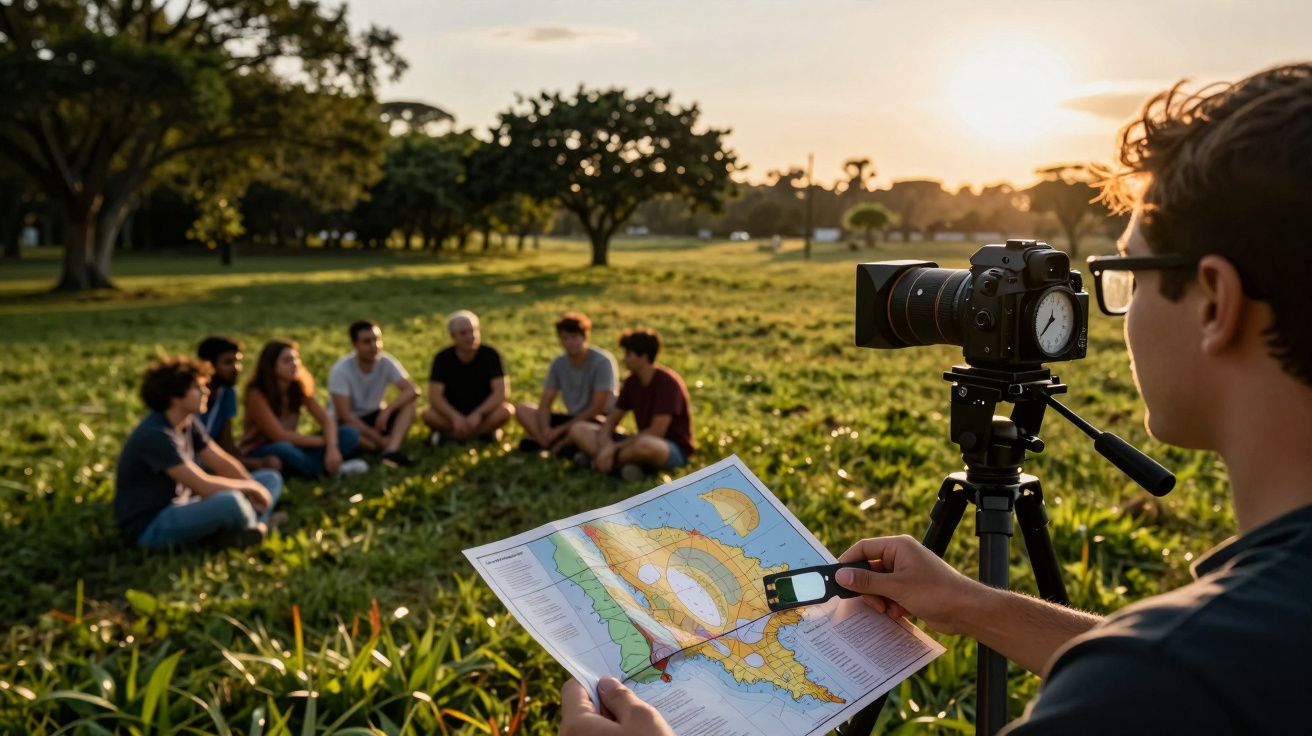 Pessoa com câmara e mapa fotografa grupo sentado num relvado ao pôr do sol.