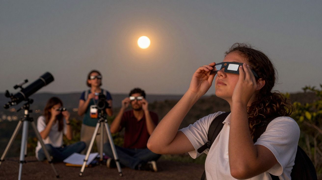 Grupo de pessoas observa o eclipse lunar com óculos especiais ao entardecer, usando telescópios.