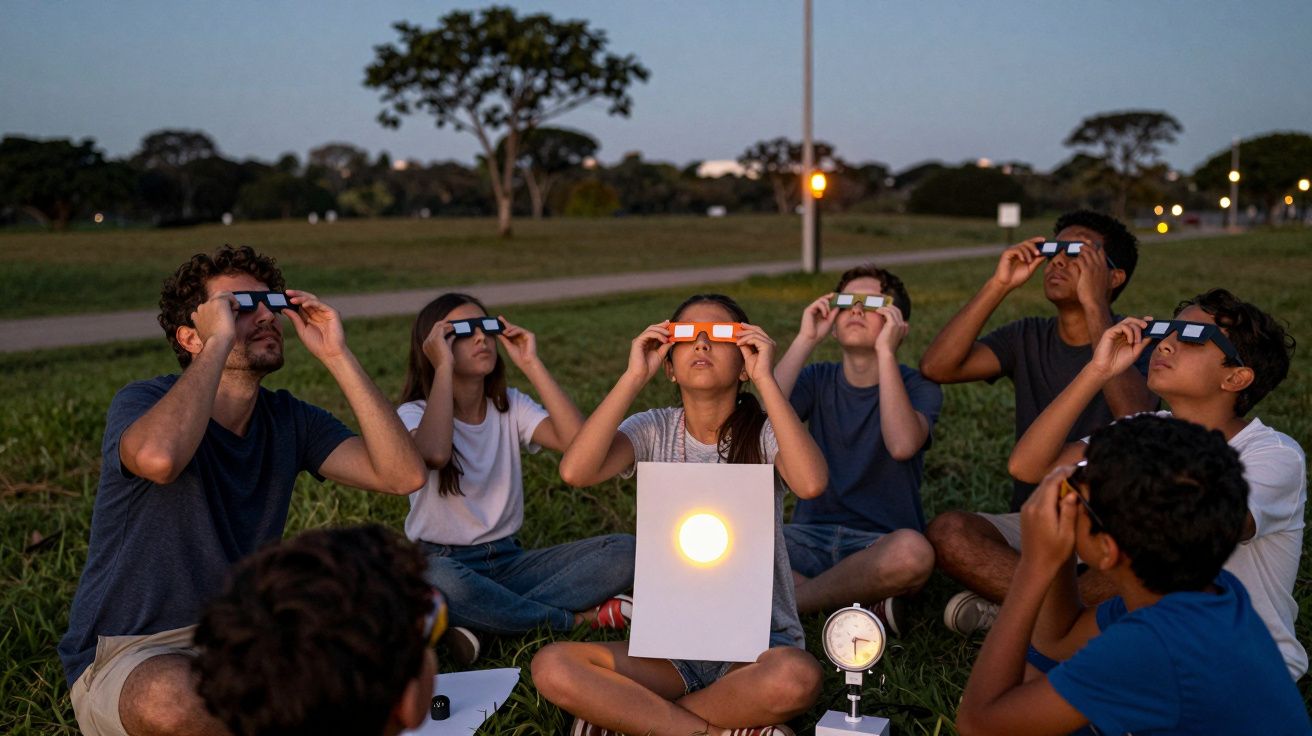 Grupo de pessoas sentadas na relva a observar o céu com óculos especiais ao entardecer.