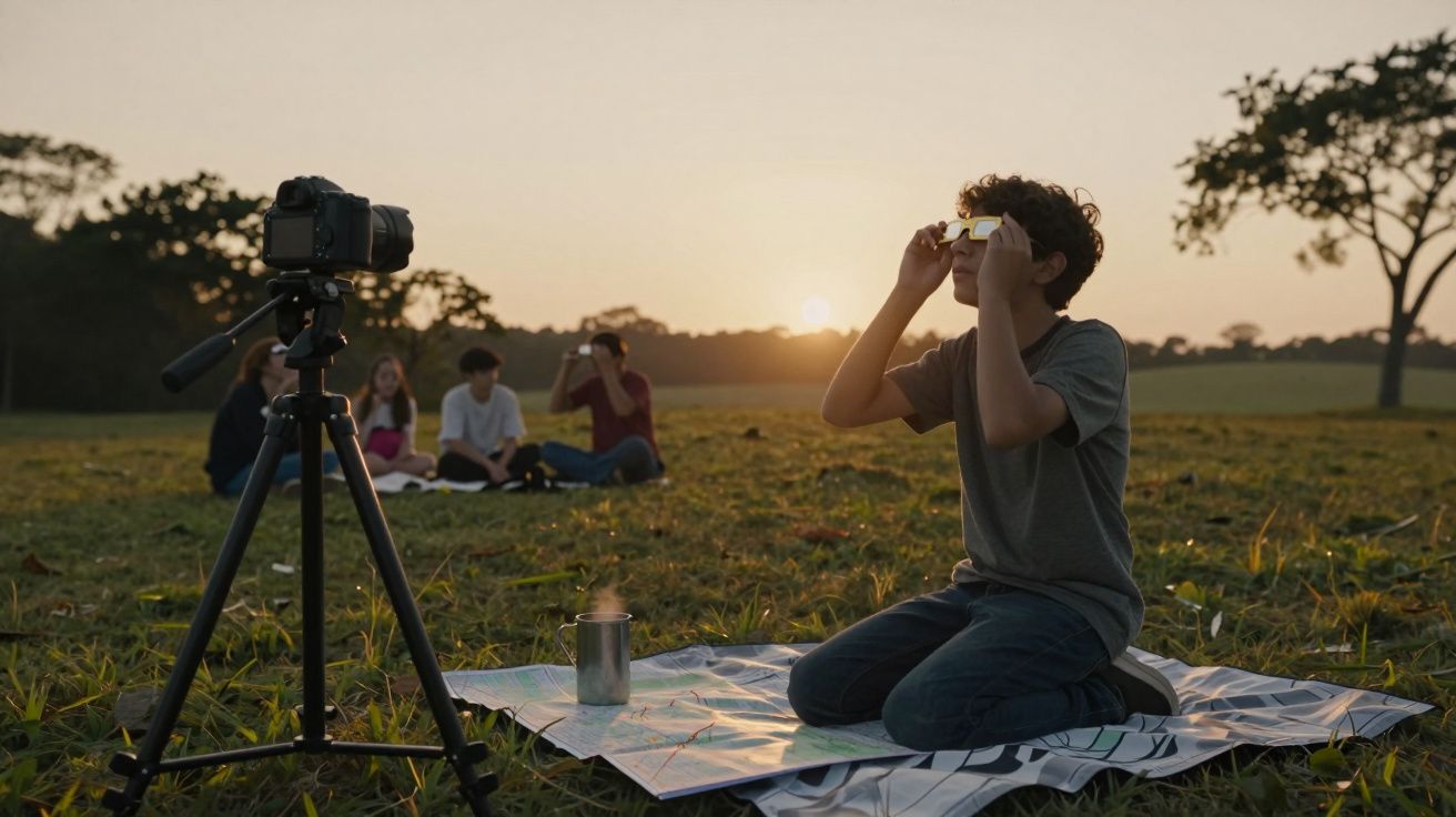 Rapaz observa o sol com óculos de papel enquanto um grupo está sentado ao fundo num parque ao entardecer.