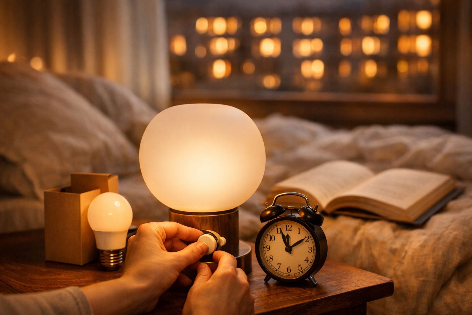 Mulher ajusta luz suave em candeeiro num quarto com janela ao fundo, livros e objetos decorativos sobre a mesa.