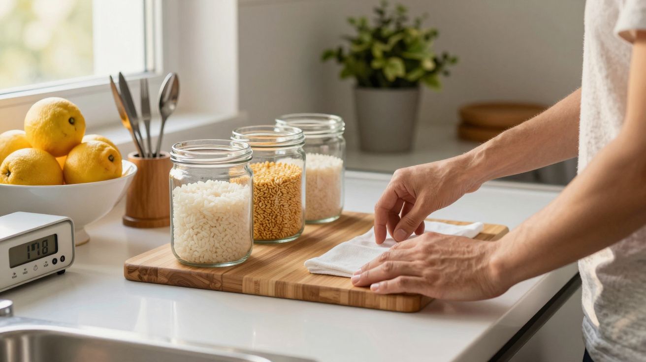 Pessoa organiza frascos de alimentos numa cozinha, com limões e objetos ao fundo.