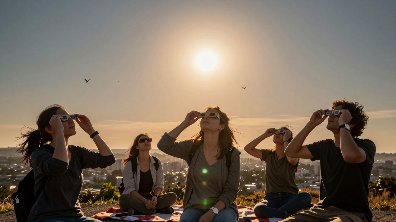 Grupo de pessoas observando o sol com óculos de proteção, sentadas num campo ao entardecer.