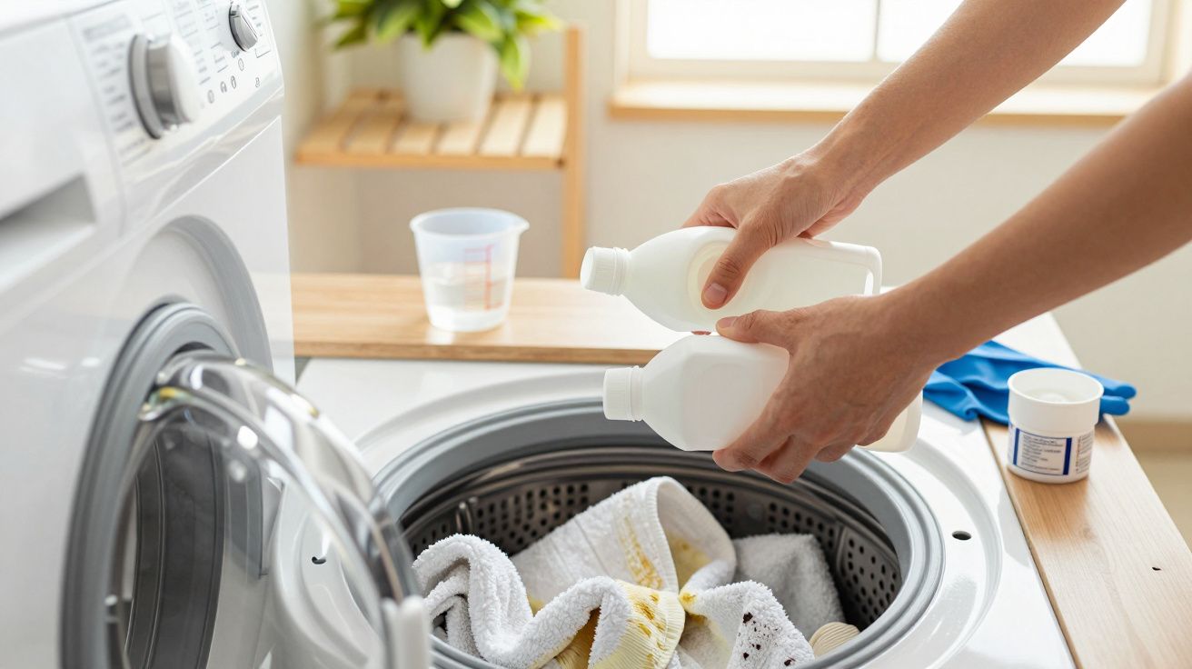 Pessoa coloca detergente na máquina de lavar roupa com toalhas dentro, em lavandaria bem iluminada e organizada.
