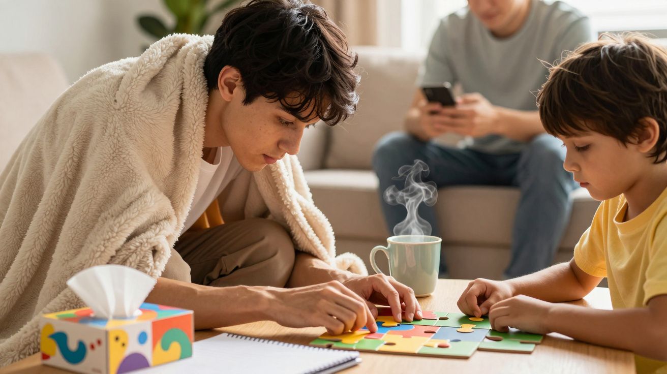 Homem e criança brincam com quebra-cabeça numa mesa, com um homem ao fundo usando telemóvel.