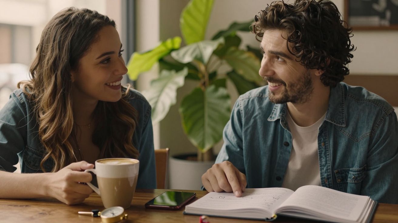 Dois jovens a conversar num café, com uma chávena de café e um livro aberto sobre a mesa.