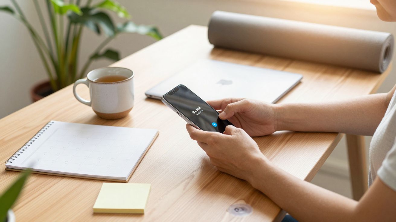 Pessoa a segurar um smartphone numa secretária com chávena, bloco de notas e laptop, luz natural.