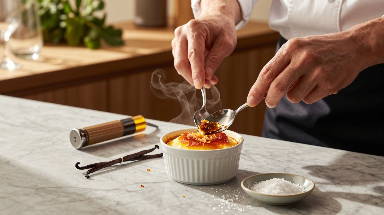 Chef carameliza crème brûlée com uma colher, em cima de uma mesa de mármore, ao lado de baunilha e sal.