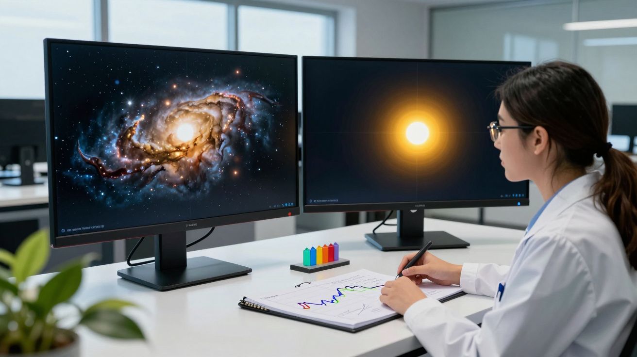 Mulher analisando gráficos em frente a dois monitores que exibem imagens espaciais, uma galáxia e um sol.