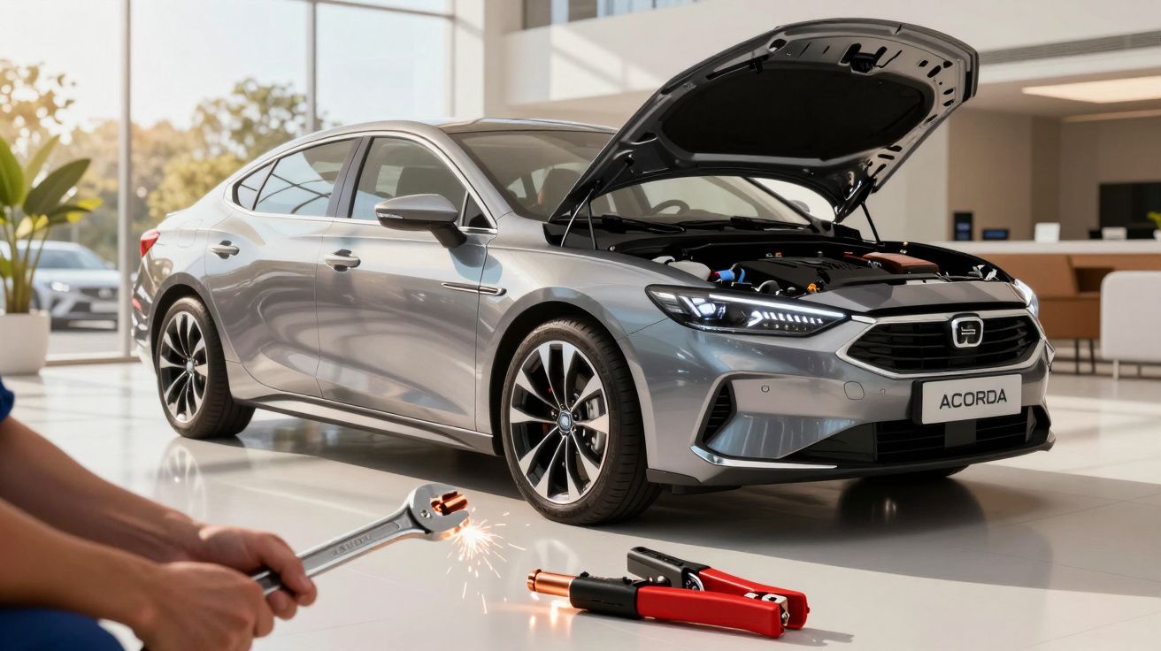 Carro prateado com capot aberto numa oficina, trabalhador ao lado com ferramenta e cabos de ligação no chão.