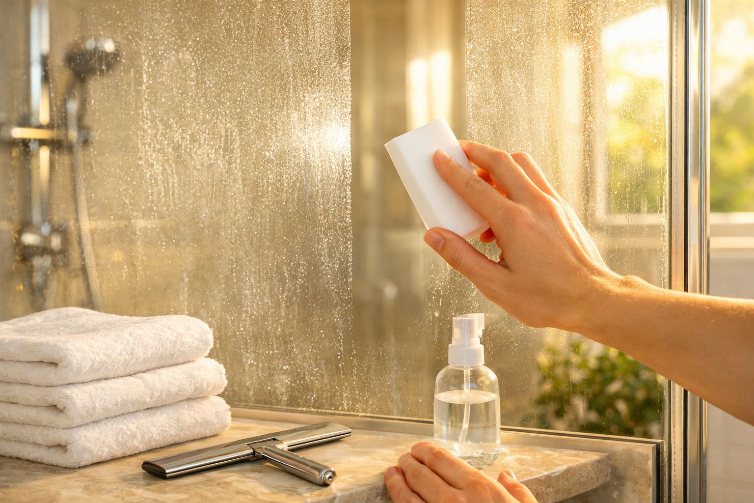 Mãos a segurar uma esponja de banho húmida sobre um lavatório branco, com uma planta e produtos de higiene ao fundo.