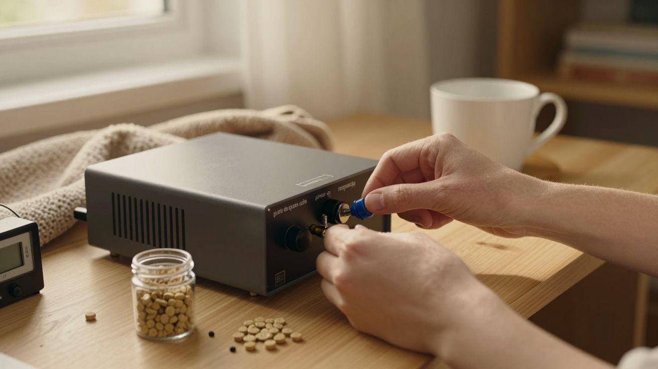 Mãos ajustam dispositivo eletrónico em bancada de madeira, com frasco de grãos e chávena ao fundo.