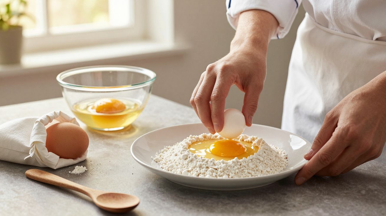 Pessoa a quebrar um ovo em farinha num prato, com uma taça e colher de madeira ao lado, na bancada de cozinha.