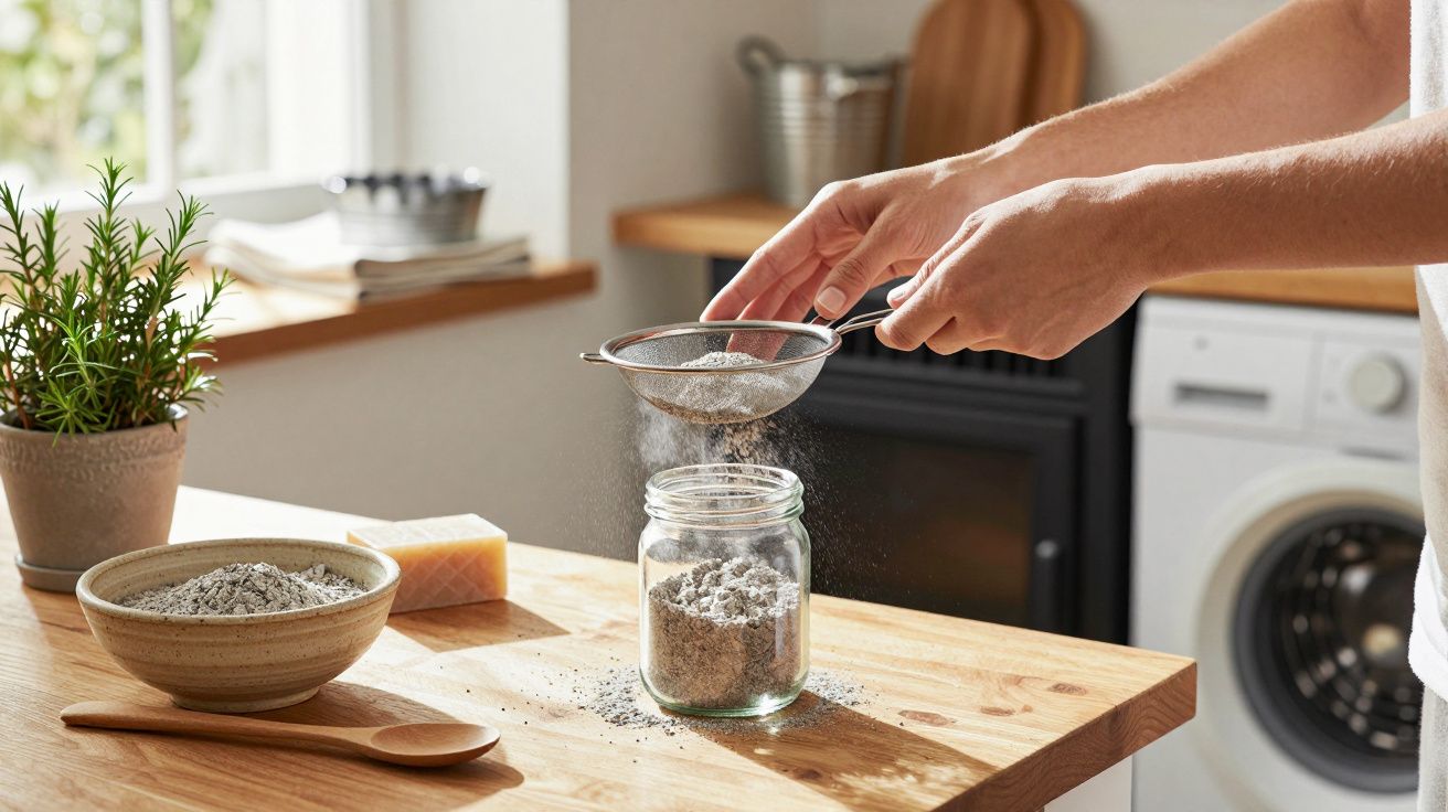 Pessoa peneira pó para frasco de vidro numa cozinha, com plantas e utensílios ao fundo.