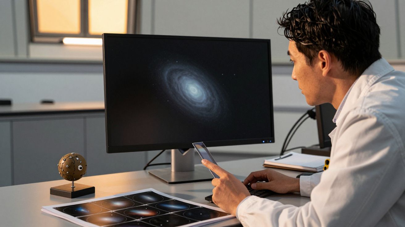Cientista estuda imagem de galáxia num monitor, com fotos espaciais e modelo de planeta na mesa.
