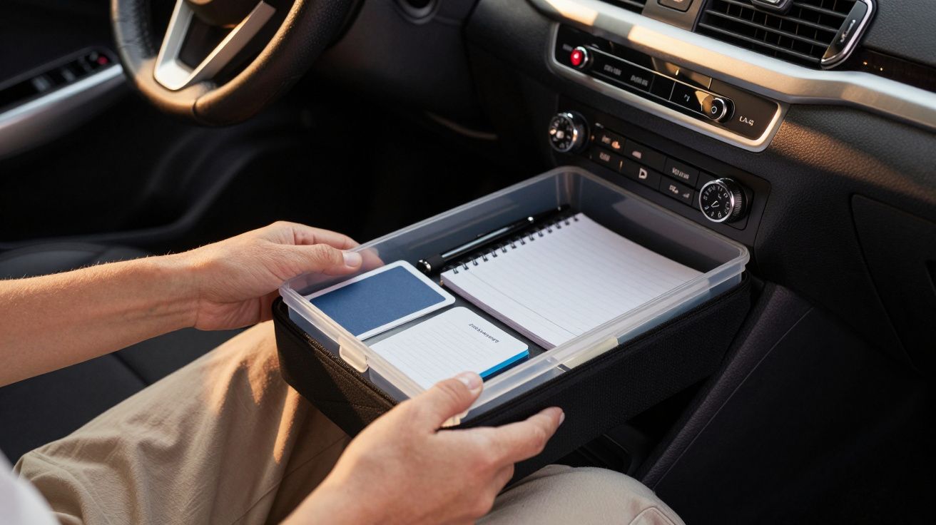 Pessoa organiza caderno e papéis numa caixa no banco do carro. Painel de controlo do carro visível ao fundo.