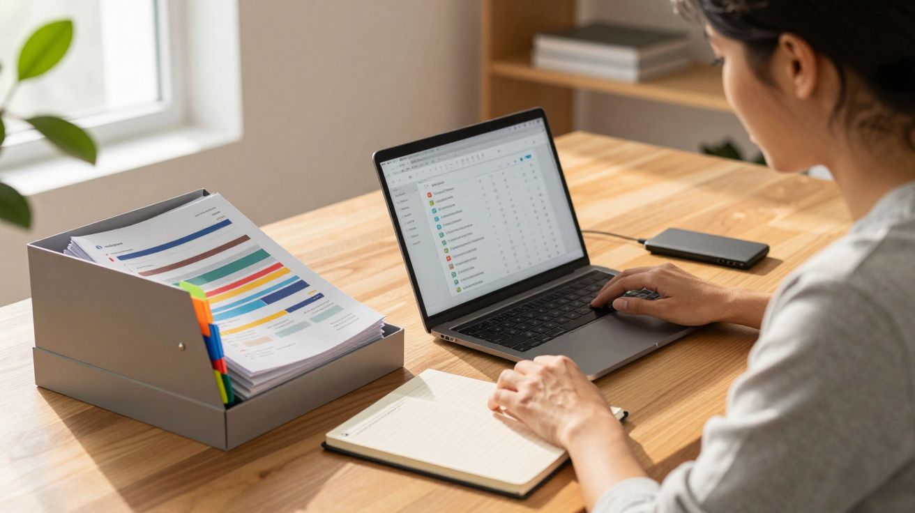 Pessoa a trabalhar num portátil, com papéis organizados ao lado e um bloco de notas à frente, num escritório iluminado.
