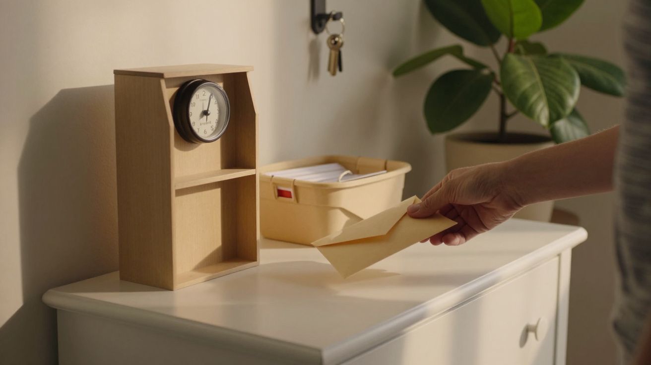 Mão a segurar envelope junto a móvel branco com relógio de madeira, cesto de papéis e planta decorativa.