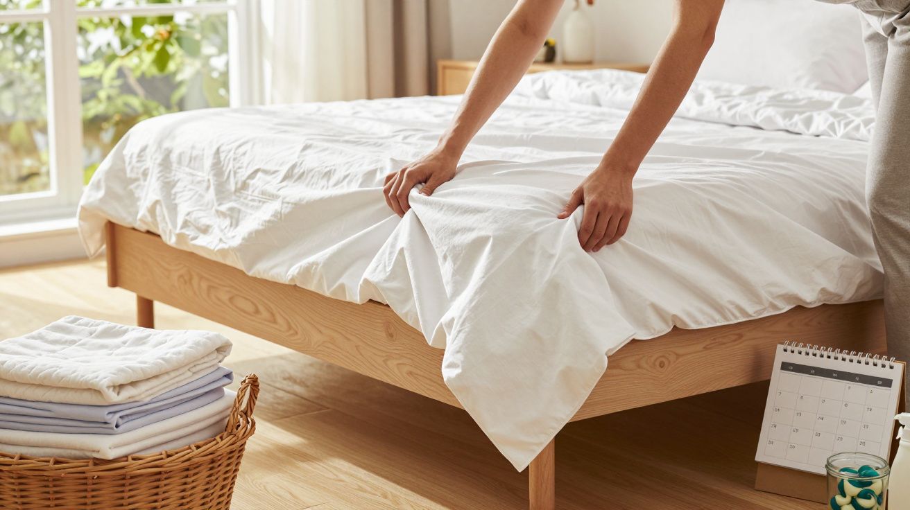 Pessoa a fazer a cama com lençóis brancos; cesta de roupa e calendário ao lado.