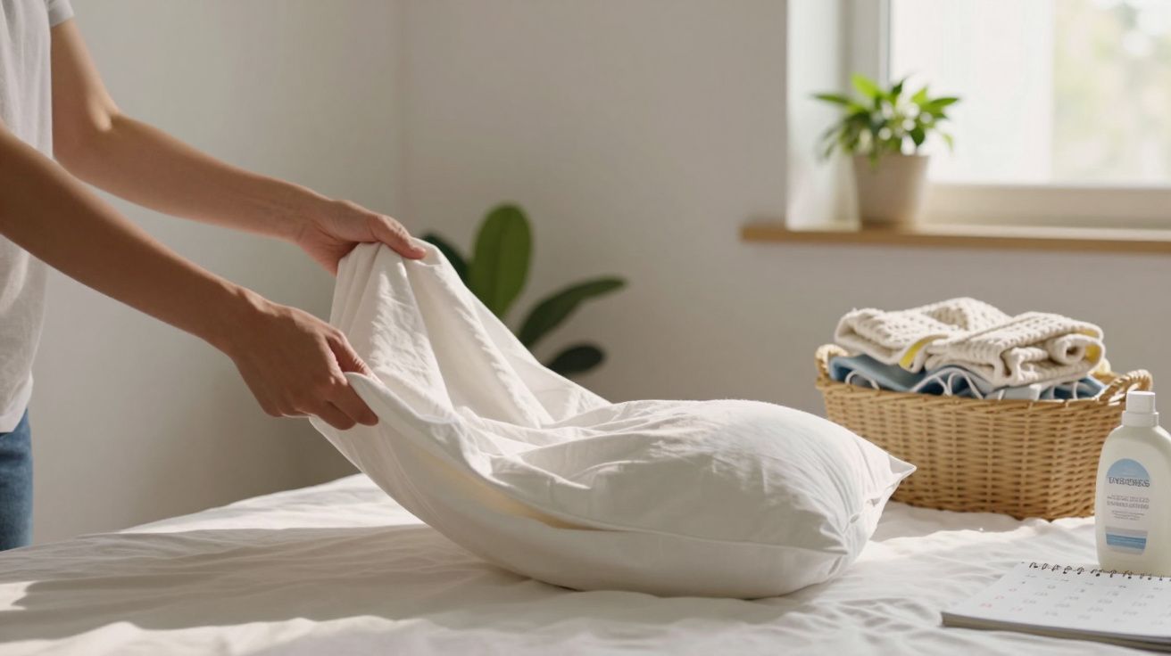 Pessoa ajeita uma almofada em cima de uma cama com roupa dobrada e produtos de limpeza ao fundo, ao lado de uma janela.