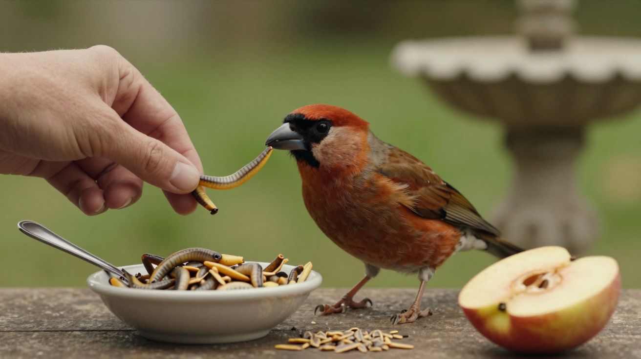 Pássaro vermelho e castanho alimentando-se de larvas de uma taça numa mesa, maçã cortada ao lado.