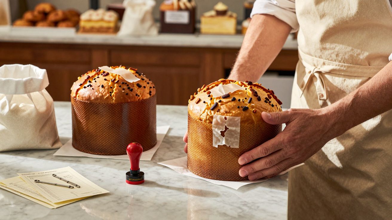 Padeiro com avental segura dois panetones grandes numa mesa de mármore. Há um saco de farinha e um carimbo vermelho ao lado.