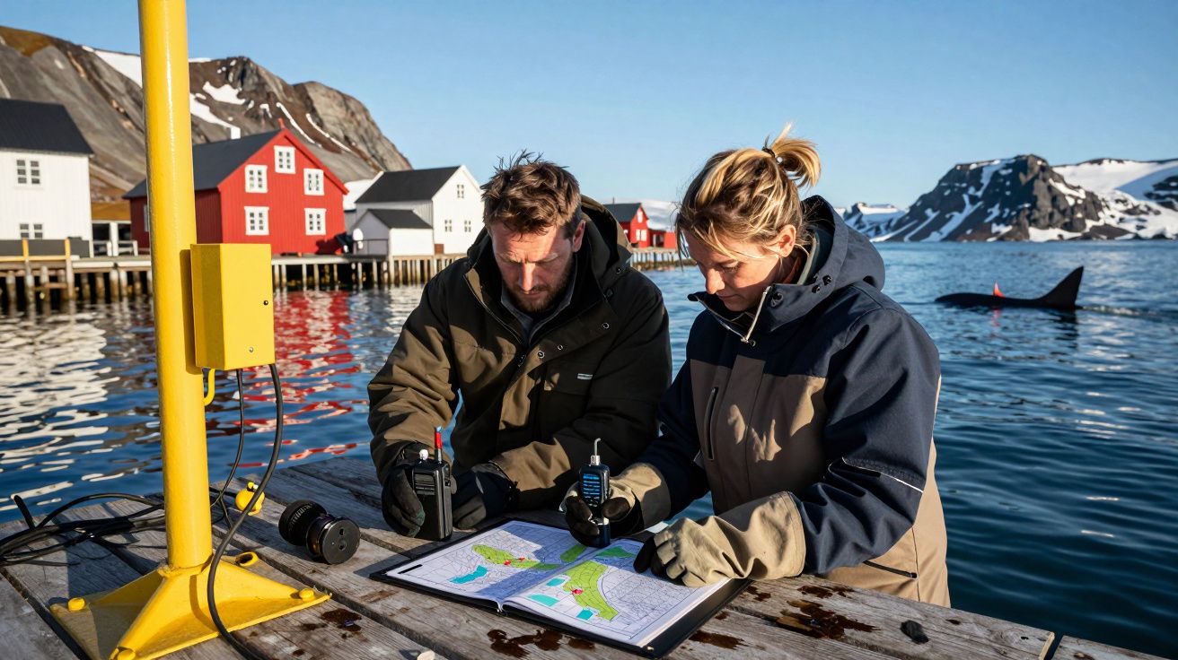 Duas pessoas analisam um mapa sobre uma mesa junto a um lago ártico, com casas coloridas e uma orca ao fundo.