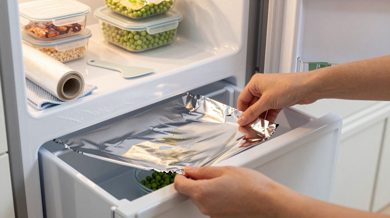 Pessoa cobre legumes congelados com folha de alumínio em gaveta de frigorífico. Recipientes com comida visíveis acima.